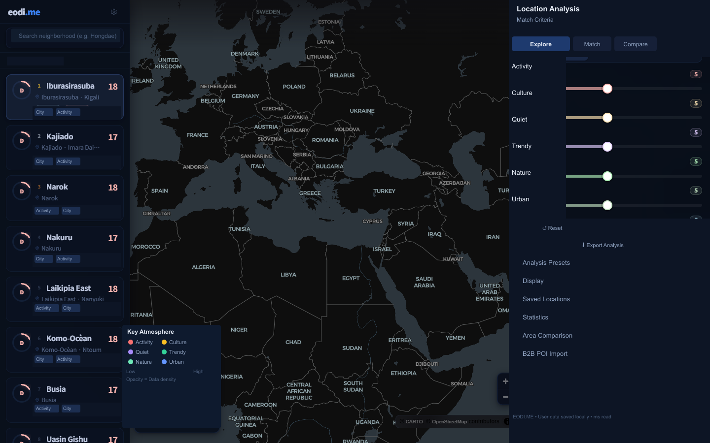 eodi.me desktop app — vibe map with neighborhood results panel and signal sliders